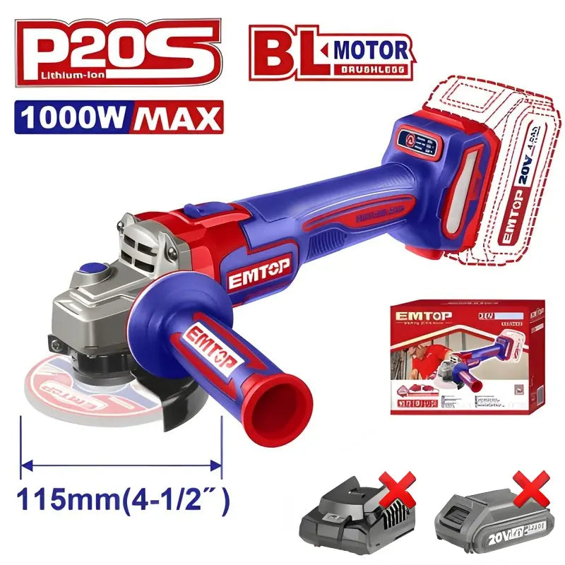 AMOLADORA 115MM M14 BATERIA 20V BRUSHLESS EMTOP P20S ELAG21154 Grupo Dila