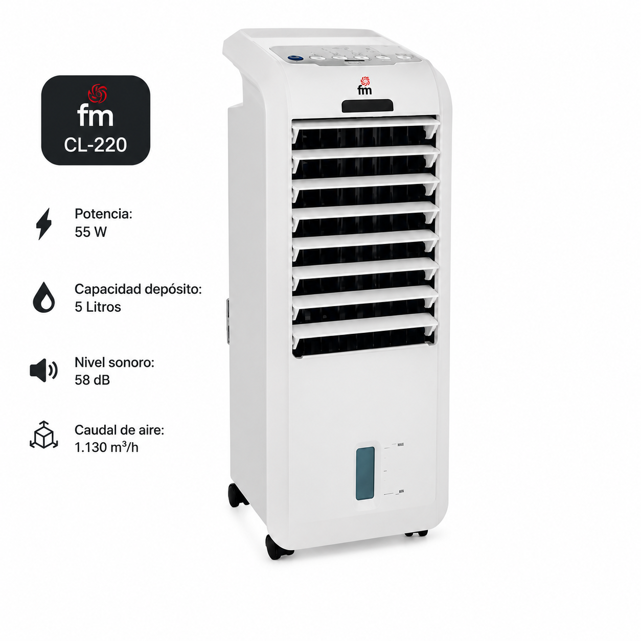 CLIMATIZADOR EVAPORATIVO FM CL-220 55W 5L CON MANDO A DISTANCIA Y TEMPORIZADOR