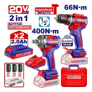 KIT TALADRO 66NM + PISTOLA 400NM 20V EMTOP ECKL20275E Grupo Dila