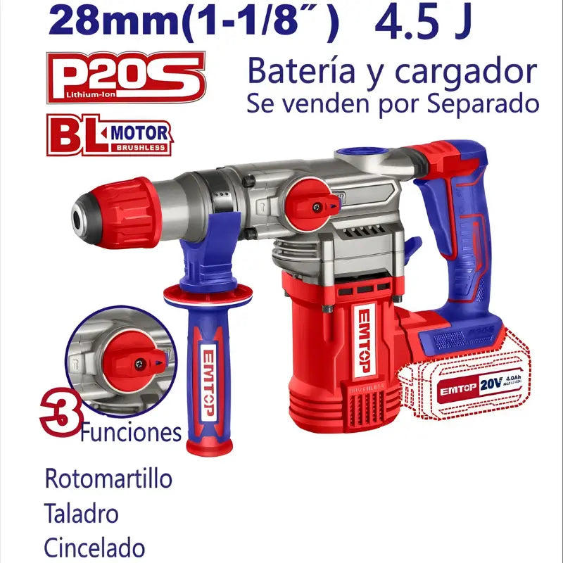 MARTILLO PERCUTOR SDS PLUS BATERIA EMTOP 20V 4,5J P20S ELRH20288 Grupo Dila