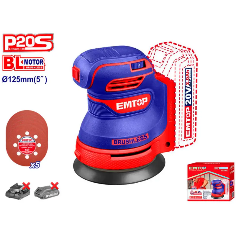 LIJADORA ORBITAL BATERIA EMTOP 20V 125mm P20S ELROS2002 Grupo Dila