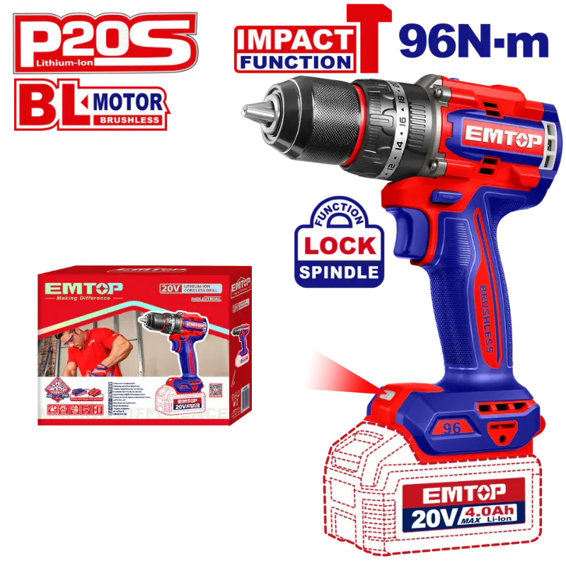 TALADRO PERCUTOR BATERIA EMTOP 20V 96NM P20S ECIDL209681 Grupo Dila